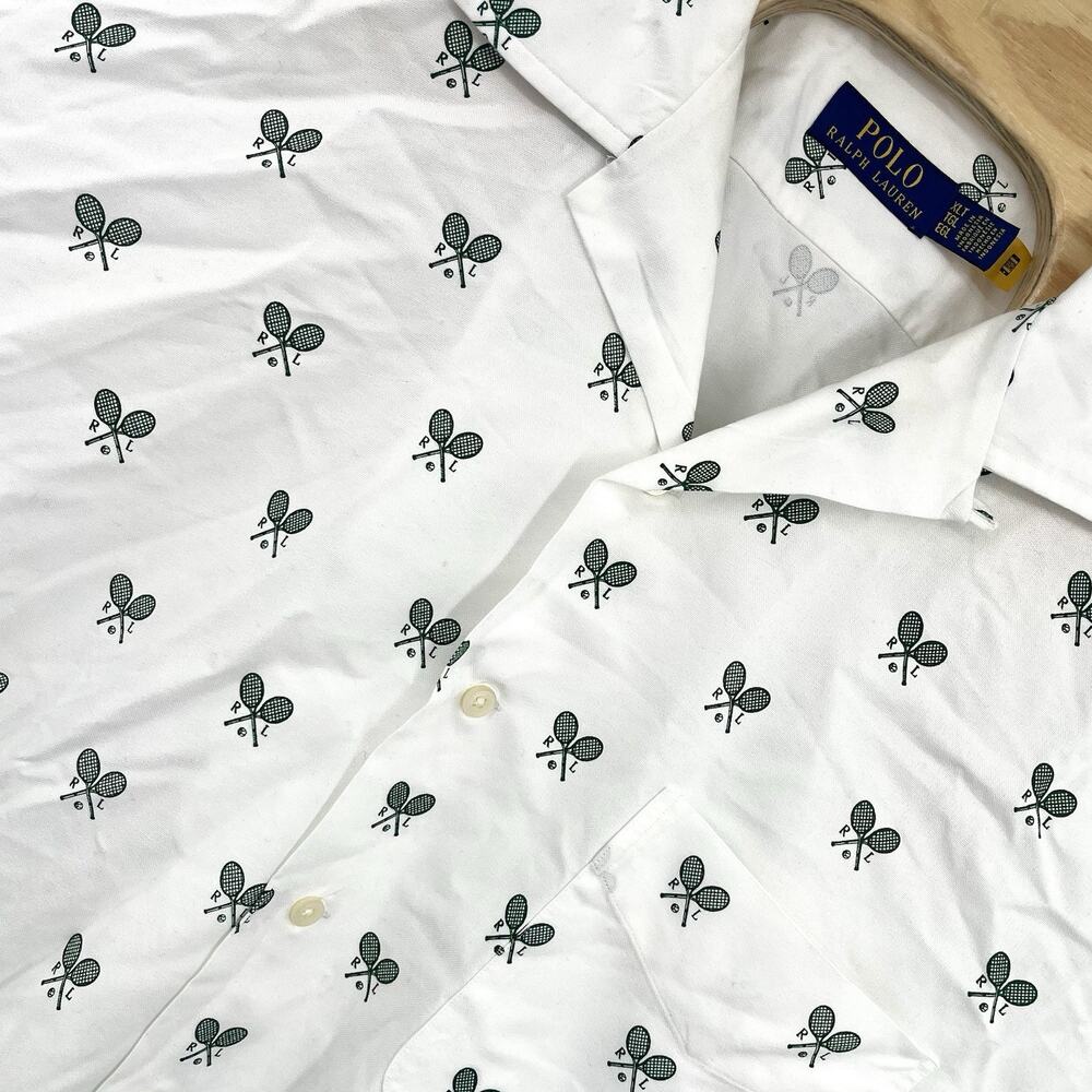 Polo Ralph Lauren Shirt Men XLT White Green All Over Print Tennis Short Sleeve